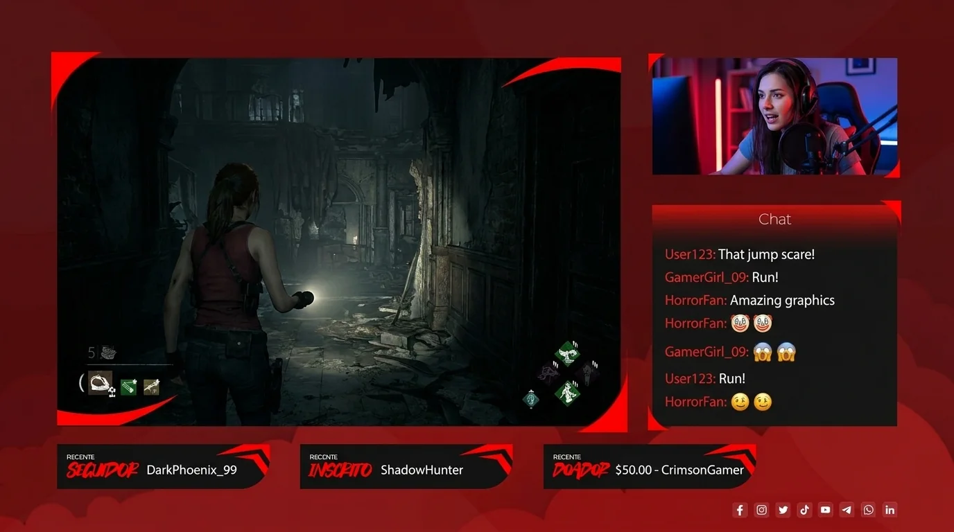 Cena de stream vermelha do Starter Pack com gameplay, webcam e chat.