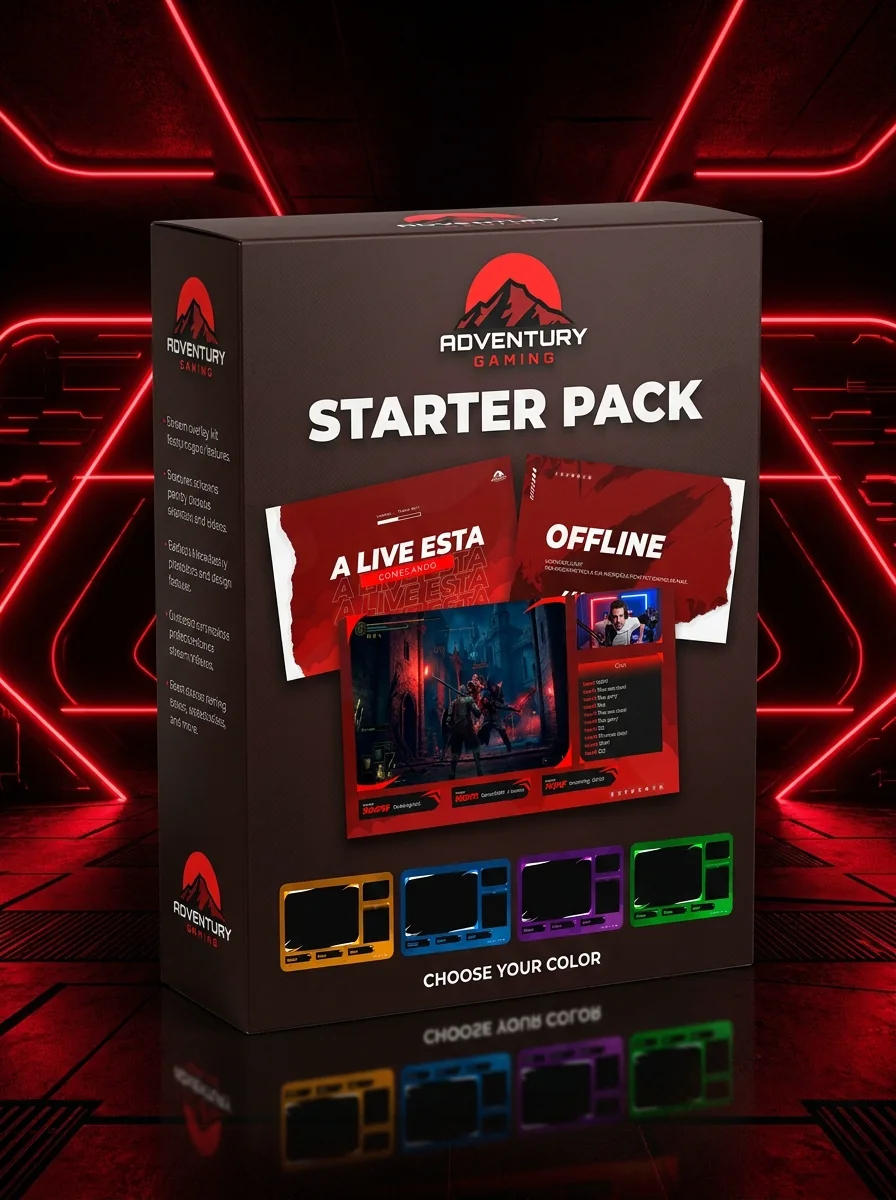 Box shot 3D do Adventury Starter Pack mostrando telas de aguardando, stream, offline e variações de cor.