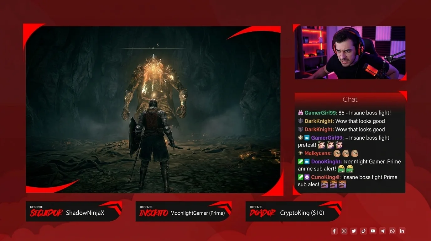 Cena de live com gameplay, webcam, chat e alertas visuais do Starter Pack Adventury.