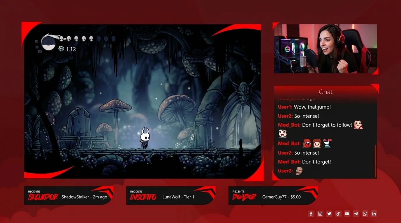 Cena de stream com gameplay, webcam, chat e alertas visuais do Starter Pack Adventury.